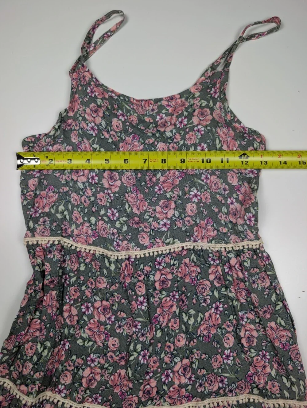 Knitworks Girls Size 12 Floral Tiered Cami Dress Sage Pink Crochet Trim